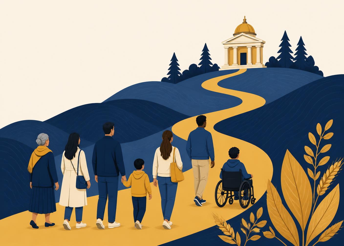 Illustration of diverse Albertans walking a golden path toward a courthouse
